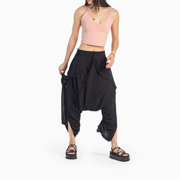 Buddha Pants Womens Elastic Slit Drawstring Boho Hippie Flap Harem Pants Black - Picture 1 of 12